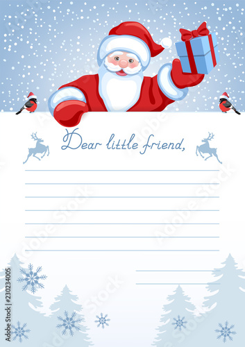 Layout letter from Santa Claus with inscription "Dear little friend" and Santa with Christmas gift box
