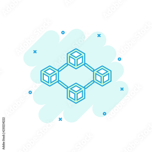 Vector cartoon blockchain technology icon in comic style. Cryptography cube block concept illustration pictogram. Blockchain algorithm business splash effect concept.
