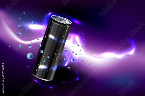 Fresh energy drink in can with purple background, Package and  Energy drink product poster