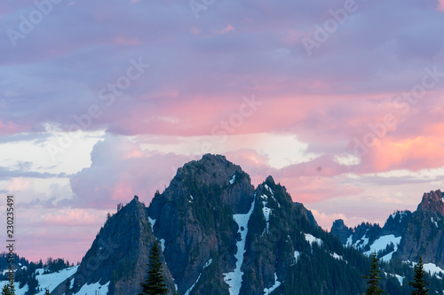 Amazing purple sky over mountain peak in Mount Rainier National Park