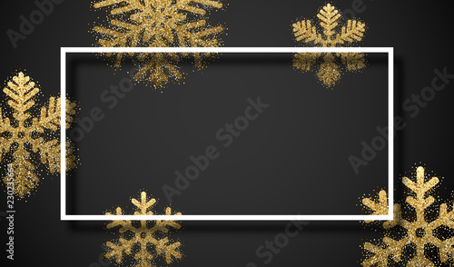 Christmas, New Year and winter poster with square frame and gold snowflakes.