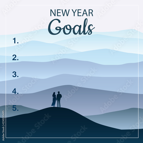 New years resolution in the new year, men and women are standing on the hill looking into new perspectives next year, minimalist landscape, vector, illustration, banner, poster
