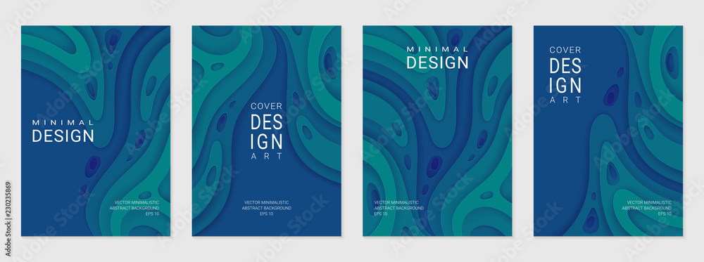 Set of four brochure, flyer or card; Abstract paper cut blue background with wavy layers; Realistic carving art; Vector 3d template with place for text.