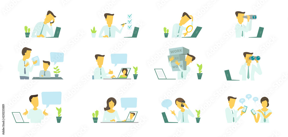 Fototapeta premium Man in the office at work. Looking for a laptop. Correspondence, communication and problem solving.