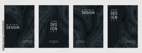 Set of four brochure, flyer or card; Abstract paper cut black background with wavy layers; Realistic carving art; Vector 3d template with place for text.