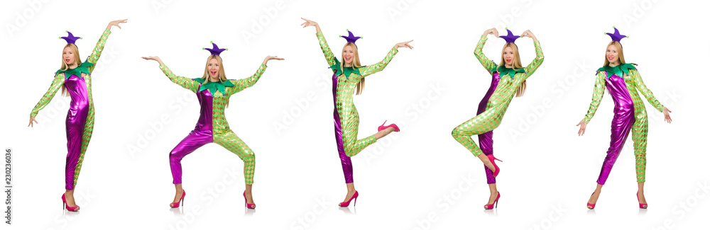 Woman wearing clown costume isolated on white Woman wearing clown costume isolated on white