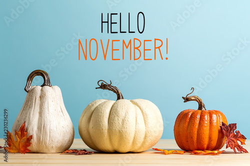 Hello November message with pumpkins on a blue background