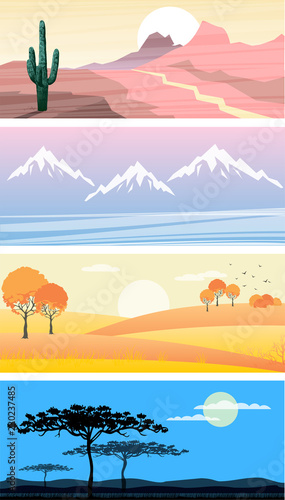 set of vector illustrations natural landscape autumn forest, Savannah, winter mountains, cactus in the desert, flat design