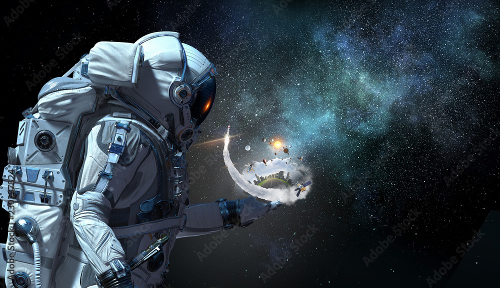 Naklejka premium Spaceman and his mission. Mixed media