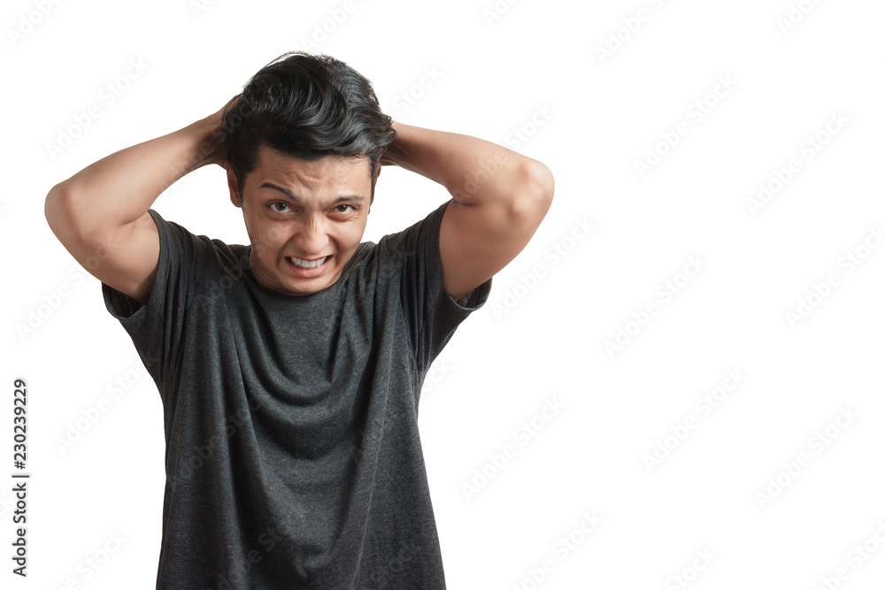 Emotion concept, Young asian man wear white t-shirt angry expression isolate on white background,Copy space with clipping path. Emotion concept, Young asian man wear white t-shirt angry expression isolate on white background,Copy space with clipping path.