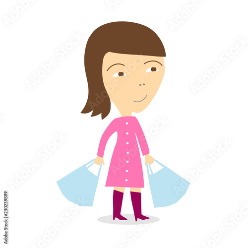 A contented woman in a pink dress with bags in her hands is walking from the store. Vector illustration concept.
