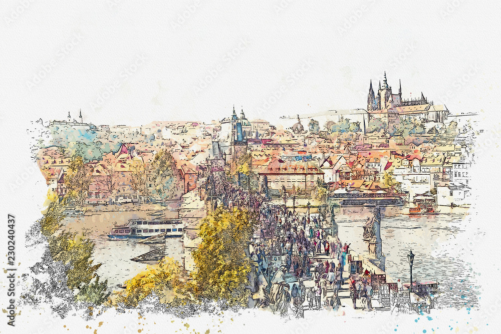 Watercolor sketch or illustration of a beautiful view of the ancient architecture of Prague and the Charles Bridge over the Vltava River. Tourists and locals walk along the bridge. Popular city