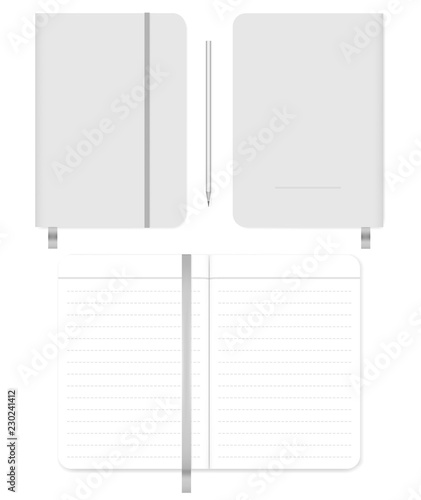 Open and closed notebook with ribbon bookmark vector mock-up