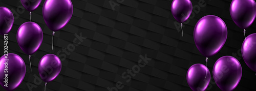 Black textured banner with purple shiny balloons. Holiday decoration.