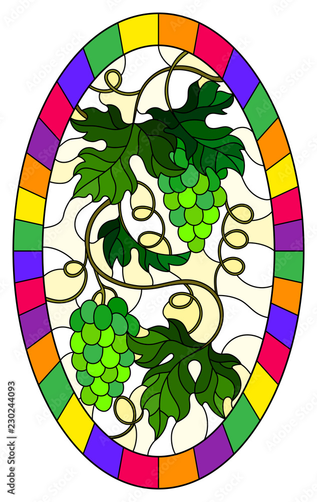 The illustration in stained glass style painting with a bunch of green grapes and leaves on a light background, oval image in bright frame 