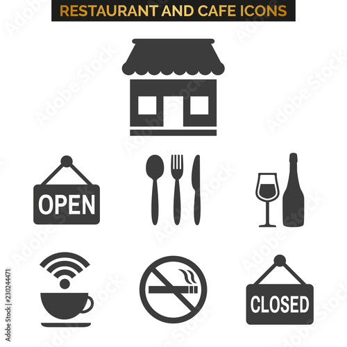 Restaurant and cafe icons set on white background.