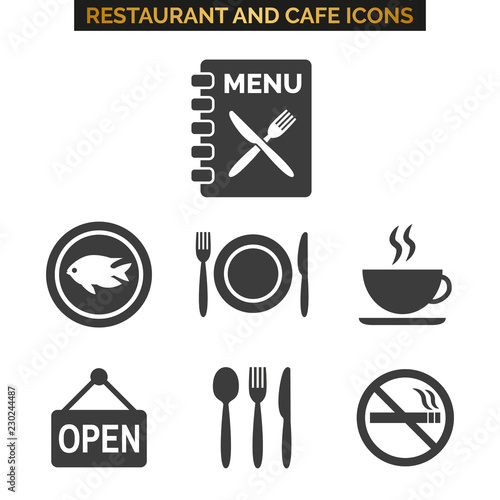 Restaurant and cafe icons set on white background.