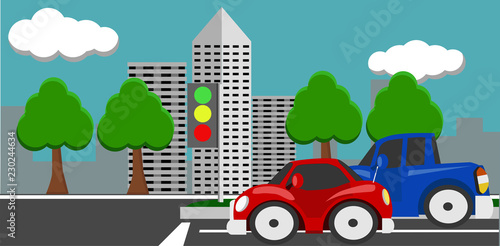 Cars in traffic junction stop by light control in crossroad with city and tree.