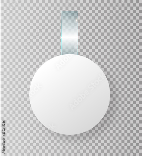 Blank white wobbler hang on wall mock up, 3d rendering. Space round paper mockup on plastic transparent strip. Clear price sticker circle shape. Pricing tag label template isolated.
