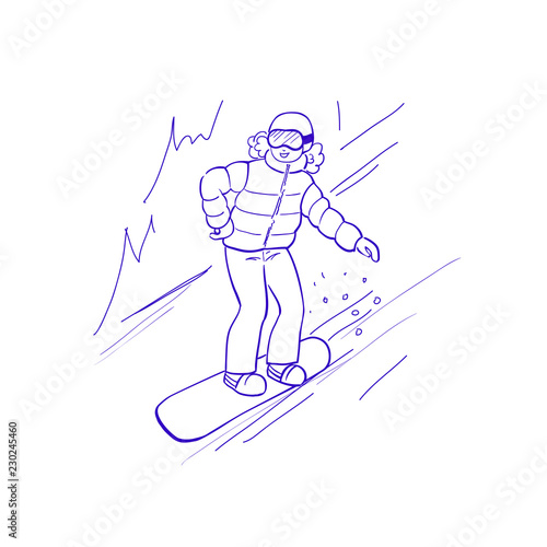 vector illustration snowboarding girl ,lines isolated on white background, book coloring pages