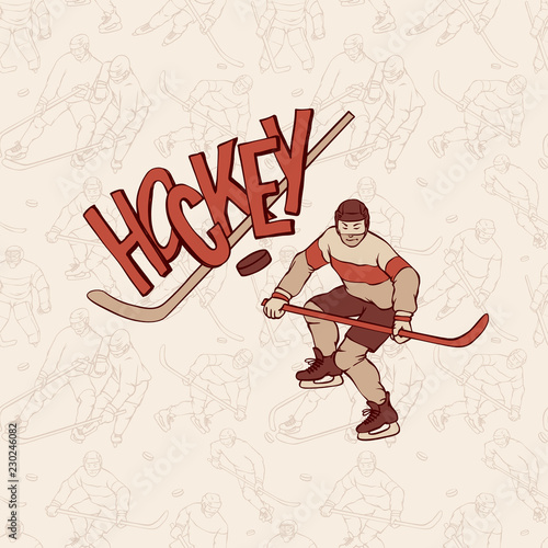 Vintage hockey sportsman and seamless pattern background. Retro player motion with hockey stick. Vector outline illustration