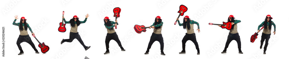 Man with guitar in musical concept on white Man with guitar in musical concept on white