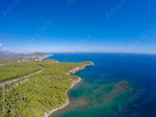 aerial view on beach and coast of sea, turquoise water, top view. Phaselis beach in Antalya, Turkey   © Maciej