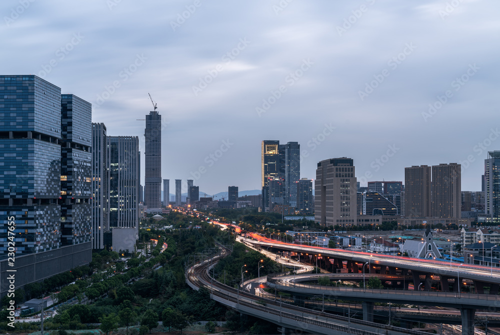 Modern city highway and office building Modern city highway and office building