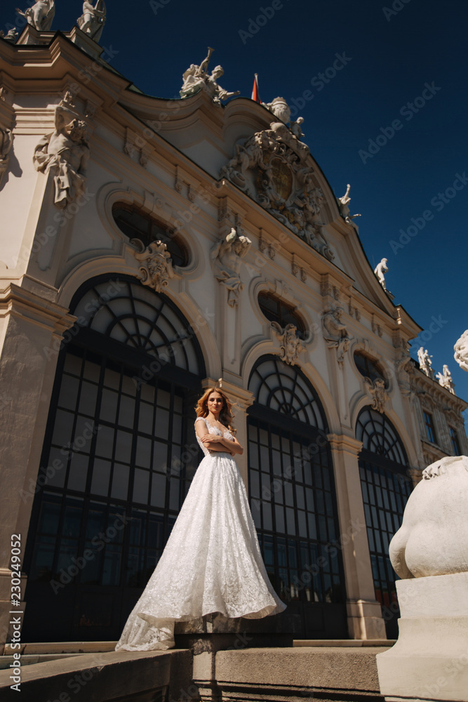 Fototapeta premium Beautiful bride in luxury wedding dress in front of palace