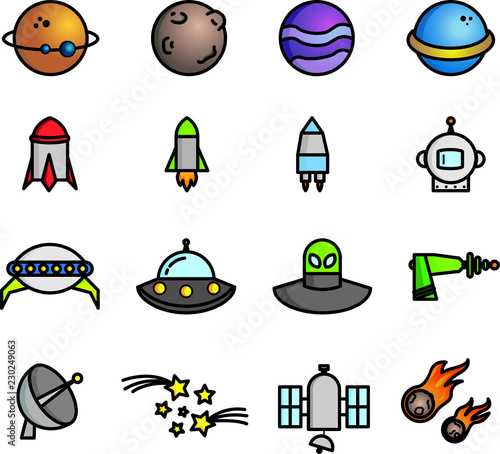 Set icone spazio, universo e alieni