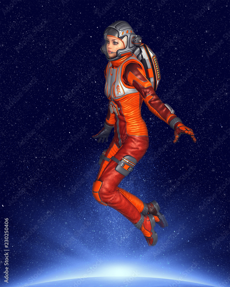 Astronaut woman in front of space background with planet earth and stars. 3D rendering.