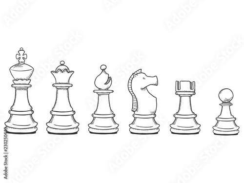 Vector Set of Black Sketch Chess Pieces. From Pawn to King.
