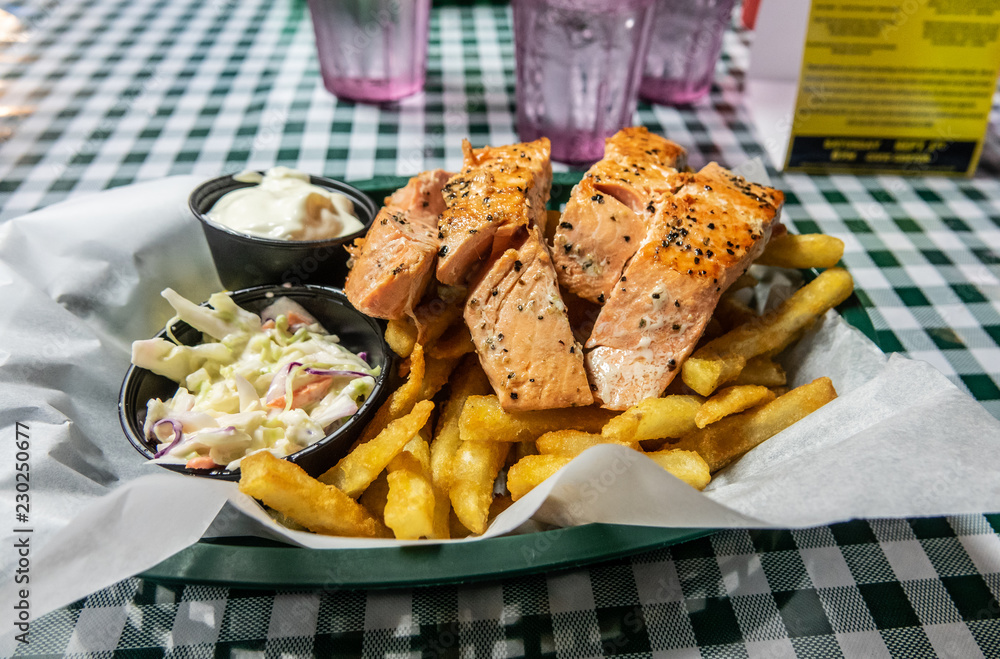 French fries chips and salmon dish, Alaska