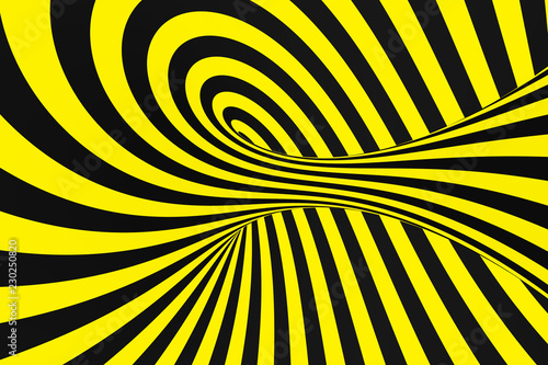 Black and yellow spiral tunnel from police ribbons. Striped twisted hypnotic optical illusion. Warning safety background.