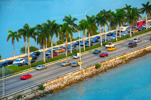 Miami panorama with car traffic. Aerial view Miami cityscape. Miami skyline. Miami city scape in day time, Florida USA