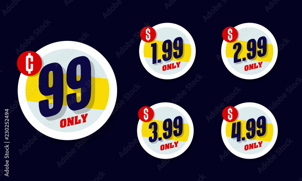 Only for 99 cents. Vector illustration badges of under 1 dollar price tag.  Round flat design labels, Business shopping concept. Stock Vector