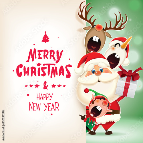 Christmas companions-Santa Claus, Snowman,Reindeer and Elf with textual signboard isolated on a green sparkle background