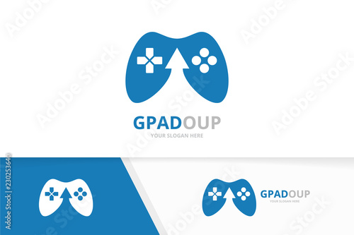 Vector joystick and arrow up logo combination. Gamepad and growth symbol or icon. Unique console controller and upload logotype design template.