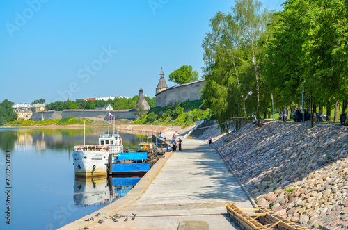 Russia. Pskov. Embankment of the Great river at the walls of the Pskov Kremlin