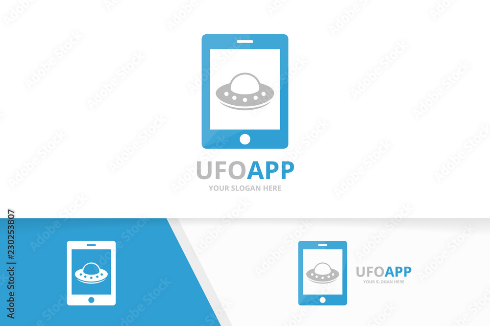 Vector UFO and phone logo combination. Spaceship and mobile symbol or icon. Unique alien and device logotype design template. Vector UFO and phone logo combination. Spaceship and mobile symbol or icon. Unique alien and device logotype design template.
