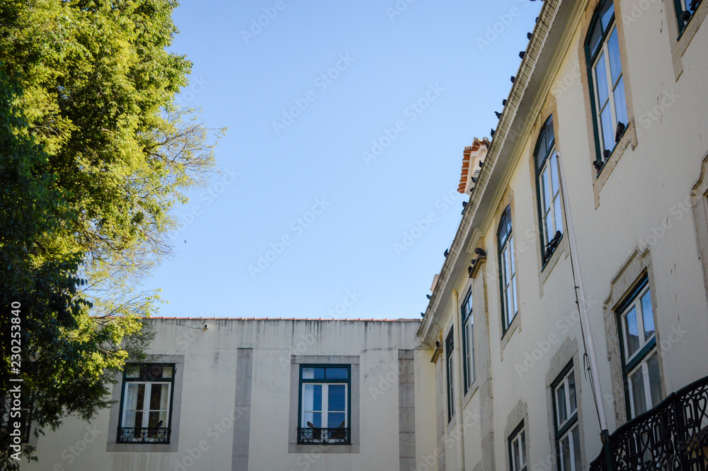 Naklejka premium Typical portuguese streets, apartment windows and houses on traditional district scene in Lisbon, Portugal. historical structure view.