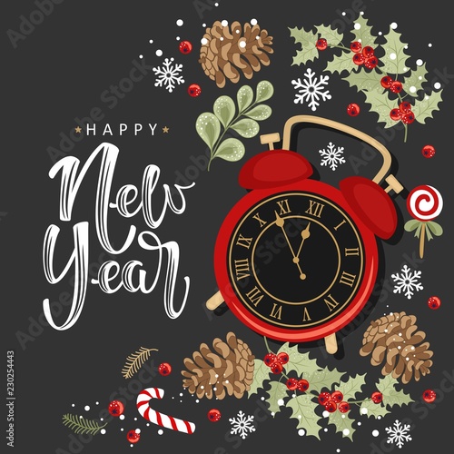 Vector greeting cards. The Inscription Happy New Year . Handwritten modern brush lettering. Hand drawn design elements.