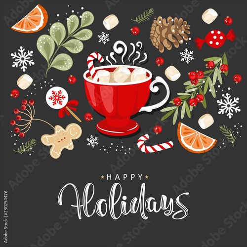 Vector greeting cards. The Inscription Happy Holidays . Handwritten modern brush lettering. Hand drawn design elements.