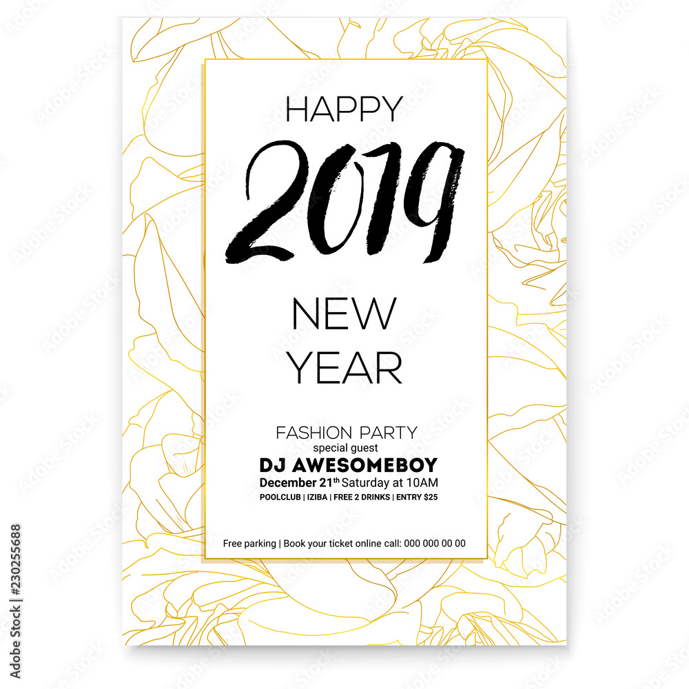 Happy New year greetings with floral background. Fashion party poster Background with outlines of roses bud. Design of hand-drawn calligraphic text and sketches roses in doodle style