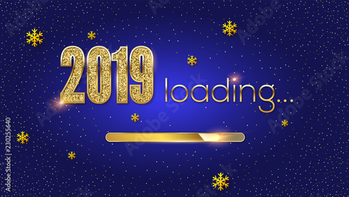 Greetings with Loading New Year 2019. Golden load bar, snowflakes and glittering text. Greetings with design of text from golden dust. Vector illustration, eps10.