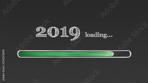 Loading New Year 2019. Handwritten chalk inscription on school blackboard. Scribble, doodle style. Greetings with design of text in vintage style. Vector illustration, eps10.