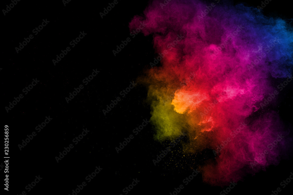Colorful background of chalk powder. Color dust particles splattered on white background. - obrazy, fototapety, plakaty 