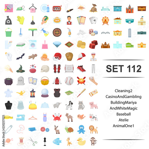 Vector illustration of cleaning, casino, gambling, building, baseball atelie animal icon set.