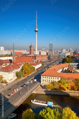Smog over Berlin downtown on a bright day in Autumn, an aerial view