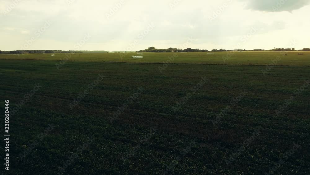 Aerial view of meadows, clouds over green meadows. Stunning aerial shot over lush green fields and meadows in the countryside, Shadows from clouds on green fields. Aerial footage.